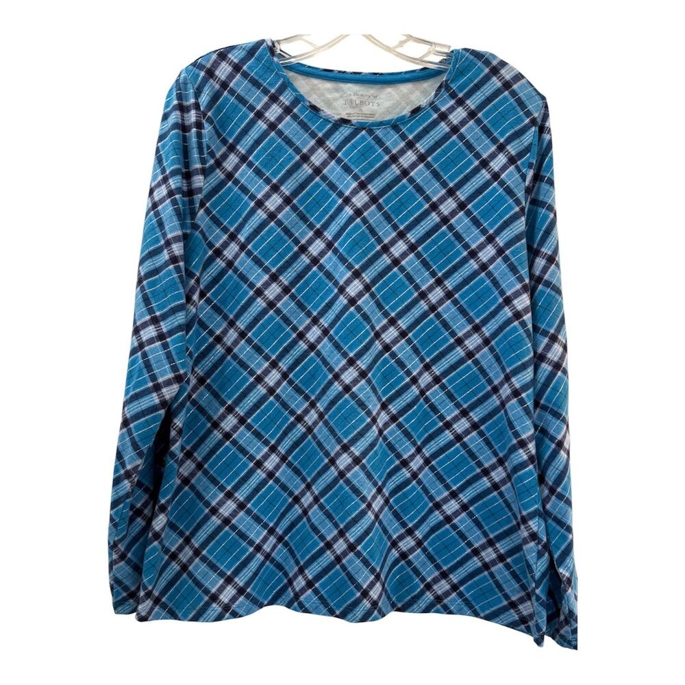 Talbots Womens Tee Shirt Plaid Crew Neck Size XL Blue Cotton Blend Long Sleeve